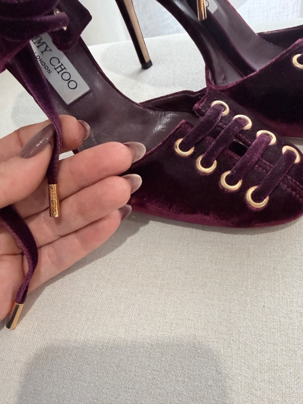Jimmy Choo burgundy velvet lace-up d’Orsay ankle-cuff pumps. I used it 1 time! - Picture 7 of 12